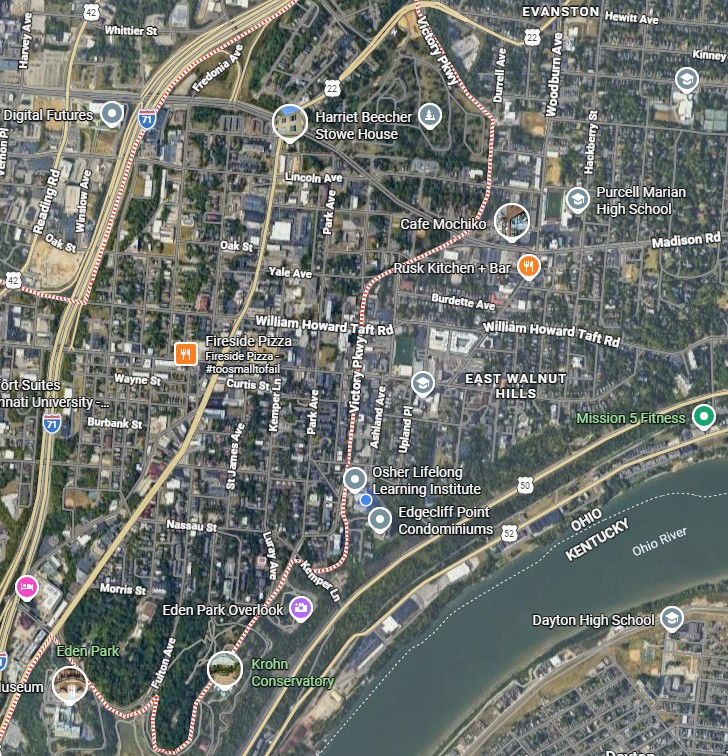 Aerial view of Walnut Hills, sourced from Google Maps. OLLI is pinned on map, along with other businesses and landmarks.
